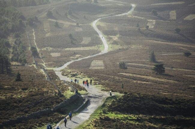 a group of people walking down a dirt road